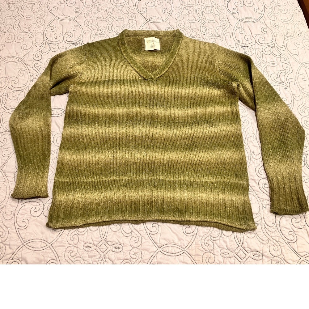 Natural Reflections Womens XL Olive Green Ombre Striped V-Neck Knit Sweater 0655